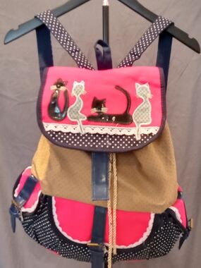 Pink and Navy Cat Appliqué Women's Large Backpack